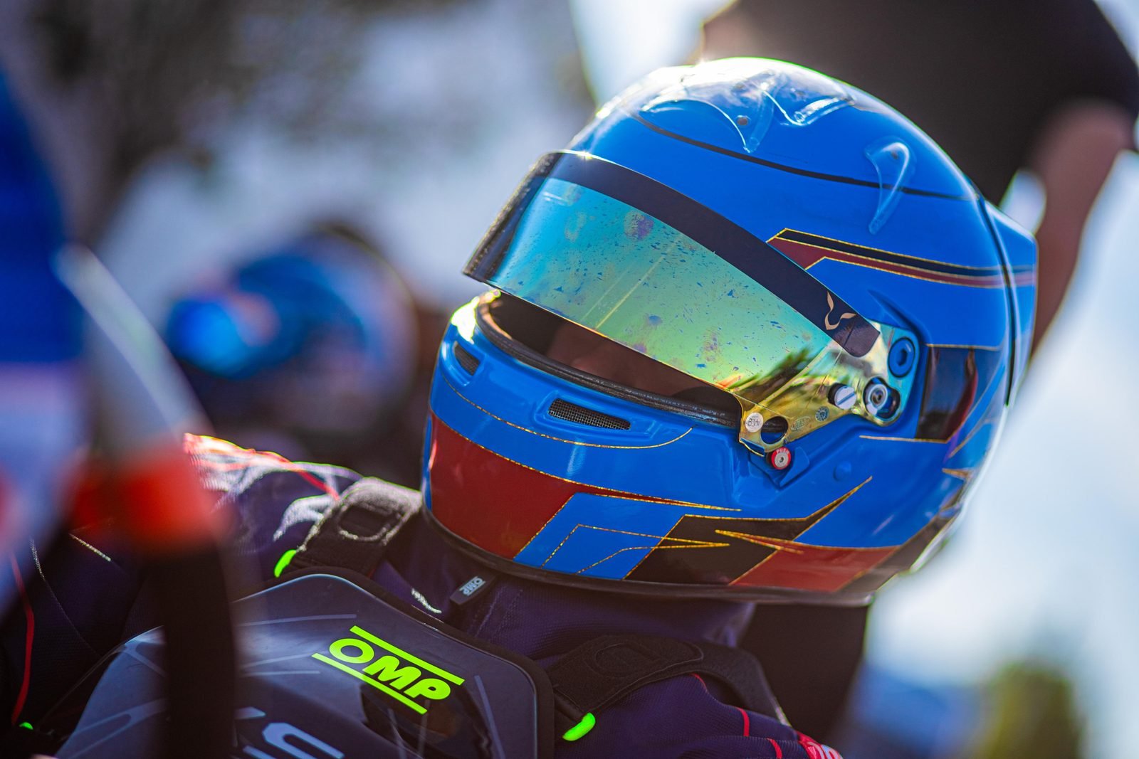Close-up of the visor of karting driver Samuel Uváček’s helmet